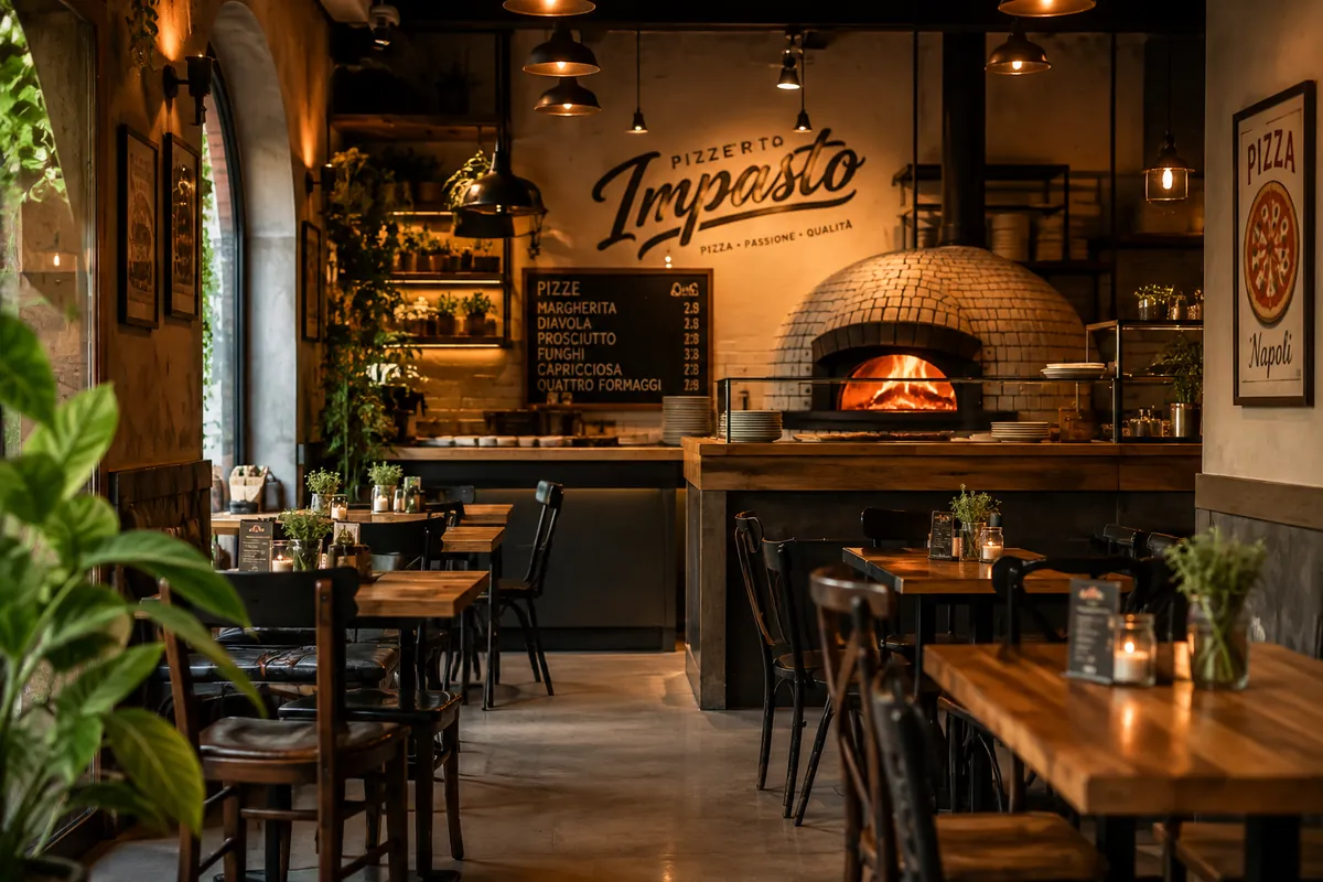 Wnętrze pizzerii Impasto — drewniane stoły, ciepłe światło i kopulasty piec opalany drewnem